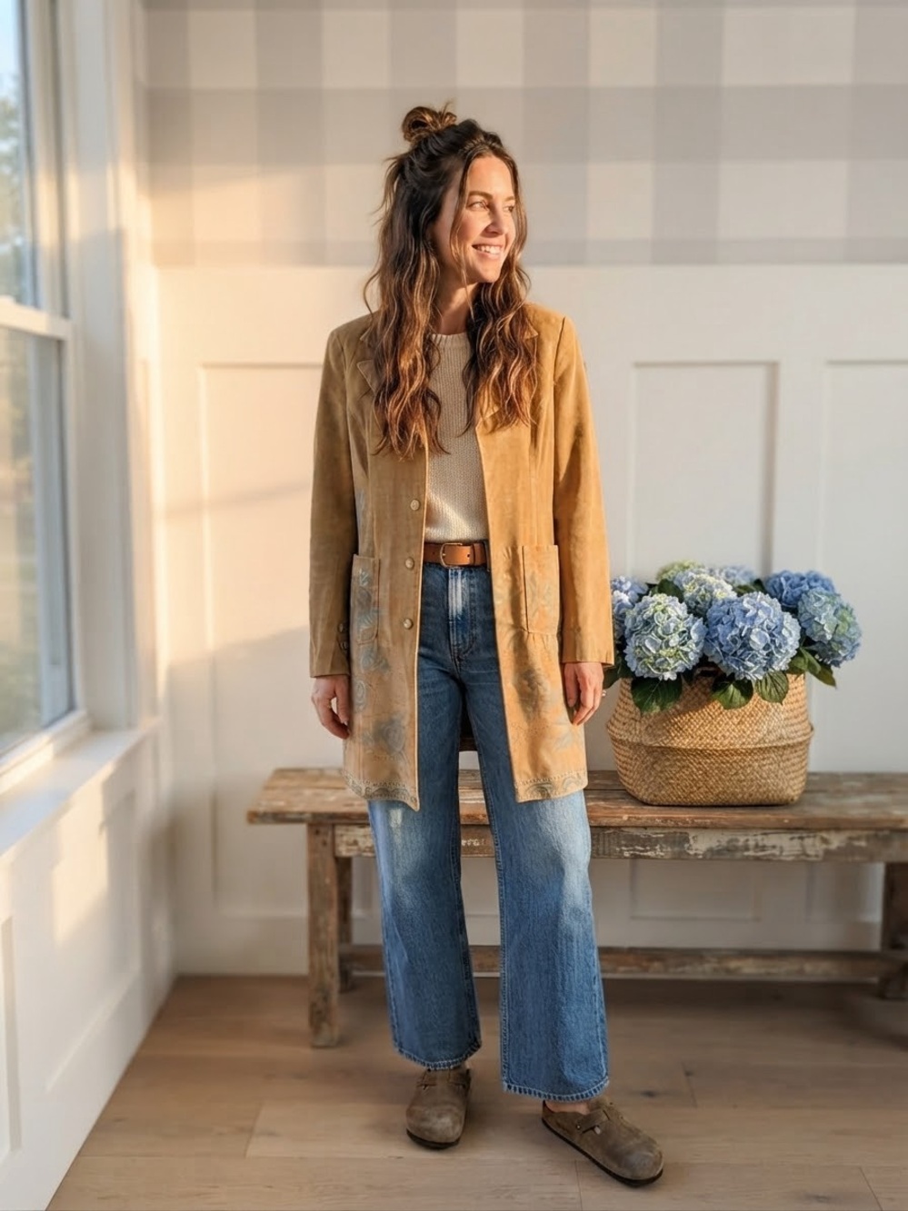 Tristan & Iseut Tan Suede Embroidered Long Pea Coat Medium